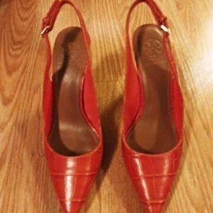 Tory Burch Textured Leather Slingbacks in Orange